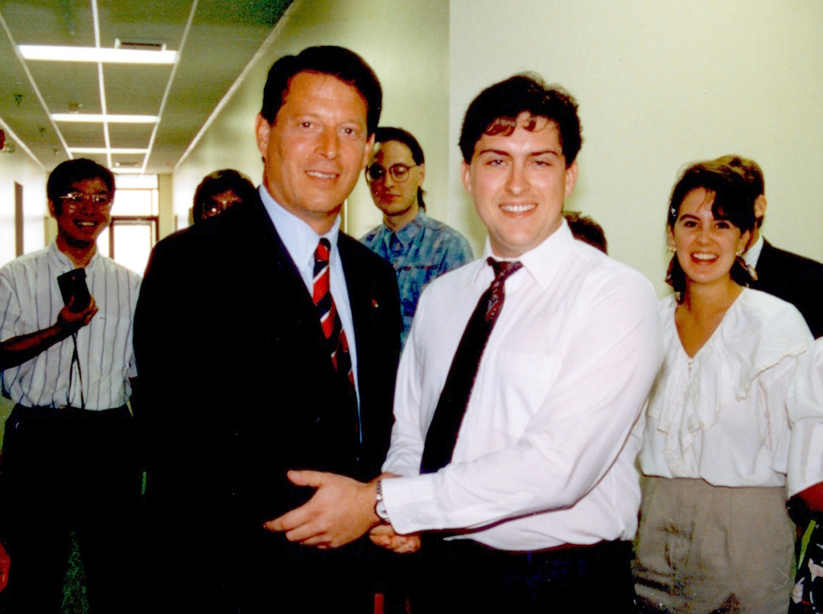 Senator Al Gore meets OSC employee Brian Powell during a 1992 visit.