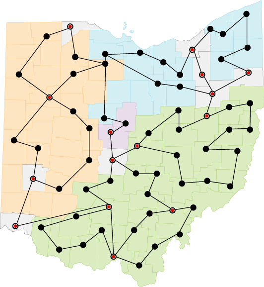 Map of the Ohio Middle Mile Consortium network. OMMC map of Ohio.